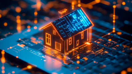 Poster - Futuristic digital home concept illustrating technology integration in real estate with glowing house on keyboard in vibrant blue and orange tones