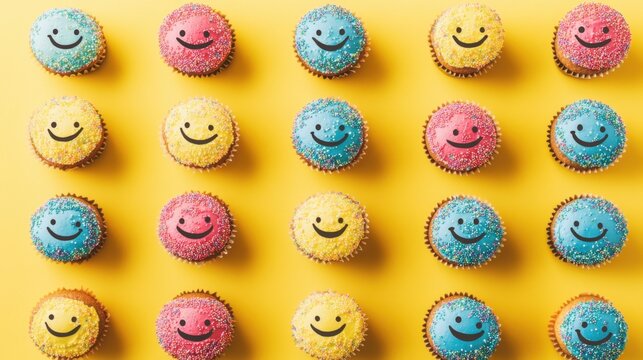 A cheerful yellow background with rows of cute cupcakes topped with colorful sprinkles and smiling faces