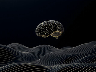 Poster - A stylized brain floats above a textured landscape of flowing lines, evoking themes of creativity, thought, and digital art in a dark environment.