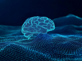 Aufkleber - A digital representation of a brain, surrounded by a wave of glowing blue dots, symbolizing technology, intelligence, and neural networks.