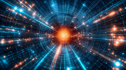 Poster - Futuristic Warp Tunnel with Glowing Particles and Light Beams Representing Speed and Motion in a 3D Digital Cosmic Environment