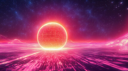 Poster - Futuristic Neon Sphere in a Digital Landscape with Vibrant Colors and Starry Sky, Ideal for Abstract and Sci-Fi Concepts
