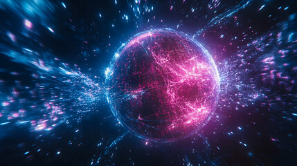 Poster - Futuristic abstract visualization of a glowing spherical object surrounded by dynamic particles representing digital data and technology in a cosmic environment