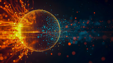 Poster - Abstract Digital Sphere with Bright Orange and Blue Particles Illuminating a Dark Background, Representing Data and Technology Concepts in Modern Design