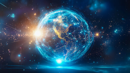 Poster - Stunning Visual of a Digital Earth Surrounded by a Cosmic Network of Stars, Connecting Continents with Light and Technology in a Dark Space Background