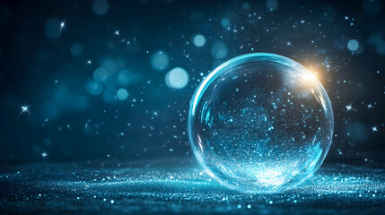 Poster - Glowing Transparent Sphere Surrounded by Twinkling Stars and Sparkles in a Fantasy Blue Background Ideal for Dreamy and Ethereal Designs