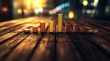 Poster - Golden Bar Chart on Wooden Table Against Blurred Background