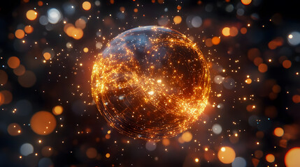 Poster - Futuristic digital globe with glowing particles and light beams, representing technology, communication, and connectivity in a vibrant cosmic space environment