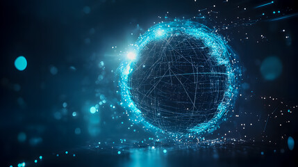 Poster - Futuristic digital abstract globe with glowing blue lines and particles against a dark background, representing technology and connectivity