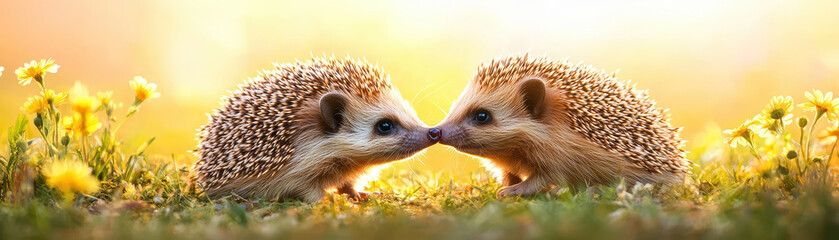 Adorable hedgehogs touching noses in meadow filled with flowers, creating heartwarming scene of friendship and connection