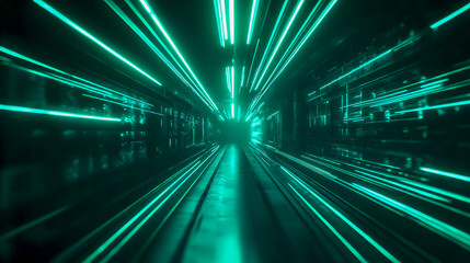 Poster - Abstract digital tunnel with neon light streaks in green color representing futuristic technology and speed in a surreal environment