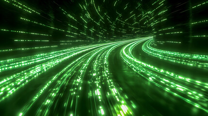 Poster - Dynamic green light trails create an abstract visual effect representing speed, motion, and technological advancement in a dark background scene