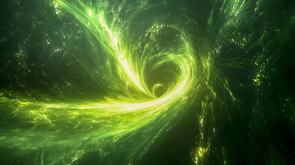 Poster - Abstract green swirling vortex with luminous particles and ethereal glow creating a sense of depth and movement in a cosmic setting