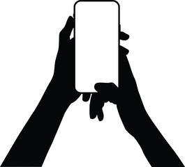 Hand holding phone silhouette illustration. People holding smartphone isolated on white