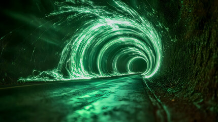 Poster - Hypnotic Green Light Tunnel with Ethereal Glow Capturing a Mystical and Enigmatic Atmosphere for Fantasy and Sci-Fi Conceptual Imagery