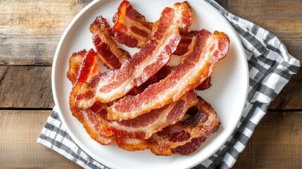 Wall Mural - Crispy Cooked Bacon Strips on a White Plate with Checkered Cloth