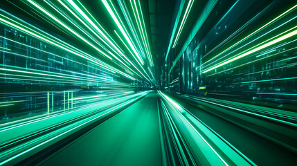 Poster - Futuristic cityscape with vibrant green lights creating motion blur and dynamic energy in a digital environment representing advanced technology