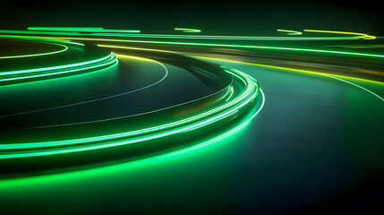 Poster - Futuristic neon light trails on a smooth road surface creating dynamic swirls of green and yellow colors in a modern abstract environment