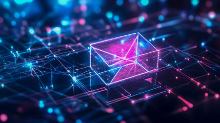 Poster - Futuristic digital envelope glowing with neon lights amidst a network of vibrant connections representing communication technology and data transmission