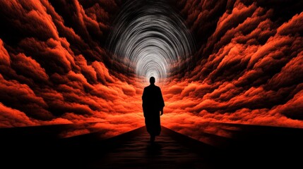 Sticker - Silhouette of a man walking towards a bright light at the end of a tunnel, surrounded by fiery red clouds.