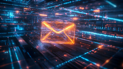 Poster - Futuristic Digital Mail Concept with Neon Envelope in Technological Environment Representing Instant Communication and Connectivity