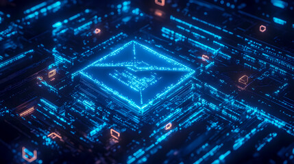 Poster - Futuristic digital communication concept with glowing blue envelope icon on circuit board in virtual technology environment