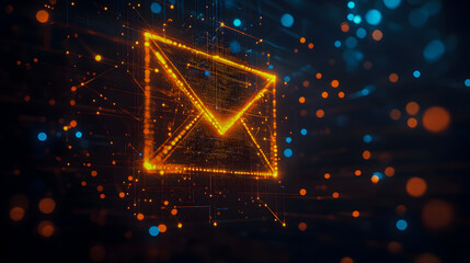 Poster - Abstract glowing envelope icon representing digital communication and messaging, surrounded by glowing particles and intricate technology background effects