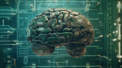Poster - Futuristic Digital Brain with Circuit Patterns in Tech Environment
