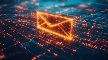 Poster - Futuristic Digital Mail Icon Representing Electronic Communication with Glowing Network Background