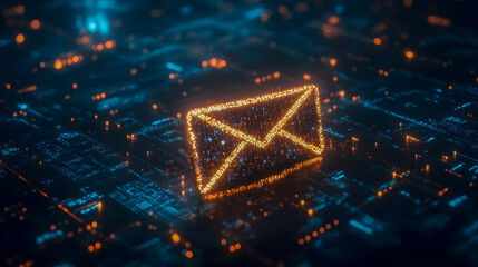 Poster - Glowing Neon Email Icon Surrounded by Digital Network Connections in Futuristic Technology Concept