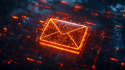 Poster - Glowing Digital Envelope Icon with Futuristic Circuit Background Symbolizing Communication and Connection in the Technological World