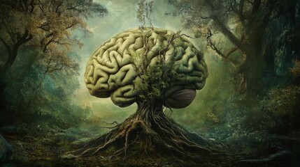 Aufkleber - Surreal Forest Scene with Brain-Shaped Tree and Mystical Elements