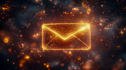 Poster - Sparkling envelope icon in glowing particles on dark background representing digital communication and message delivery in an abstract creative design
