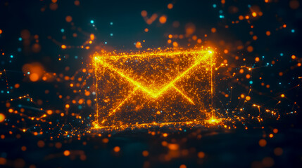 Poster - Futuristic glowing envelope symbolizing digital communication, surrounded by glowing particles and abstract connections in a dark background