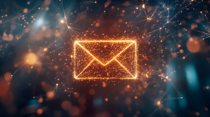 Poster - Glowing Email Icon in a Futuristic Network Background with Sparkling Particles and Connected Lines in a Digital Universe Concept