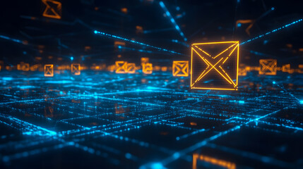 Poster - Futuristic Digital Communication Network with Neon Messages and Abstract Background of Light Connections in a Technological Environment