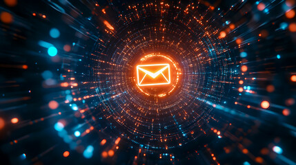 Poster - Dynamic Abstract Background with Email Icon Surrounded by Colorful Light Trails and Particles for Digital Communication Themes