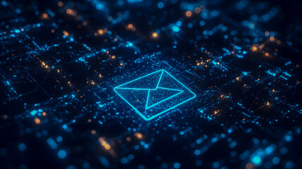 Poster - Futuristic Digital Email Icon Surrounded by Glowing Nodes and Networks Representing Modern Communication Technology and Connectivity
