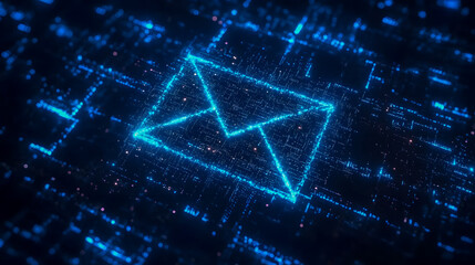 Poster - Digital representation of an email icon glowing in a futuristic blue matrix of glowing data particles on a dark background