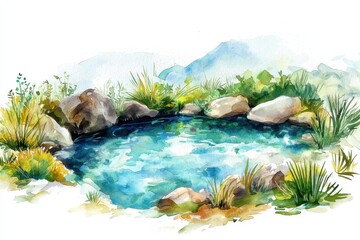 Wall Mural - A serene watercolor painting of a tranquil pond surrounded by lush greenery and smooth stones, evoking peace and tranquility.