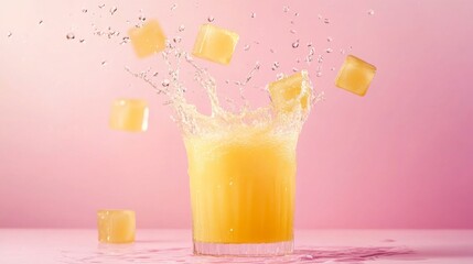 Poster - Refreshing Orange Juice Splashing with Ice Cubes on Pink Background