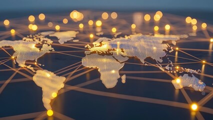 Poster - Abstract Representation of Interconnected Global Network with Bright Lights and Map