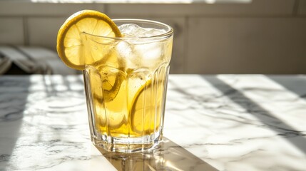 Poster - Refreshing Lemonade Drink with Ice Cubes on Marble Table Surface