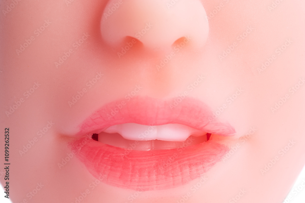 reviews replens personal lubricant face of a silicone sex doll with an open mouth and white teeth in close-up  Stock Photo