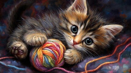 Poster - Cute Kitten with Yarn Ball Playing on Colorful Background