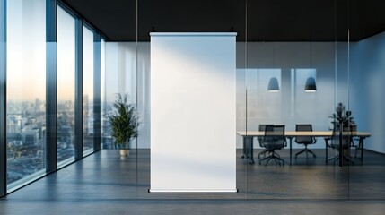 Wall Mural - Blank roll-up banner in a modern office with floor-to-ceiling windows and a view of the city skyline.  Perfect for your design!