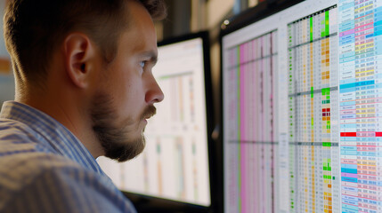 Poster - close-up of a financial analyst working on a spreadsheet, highlighting online billing records with c