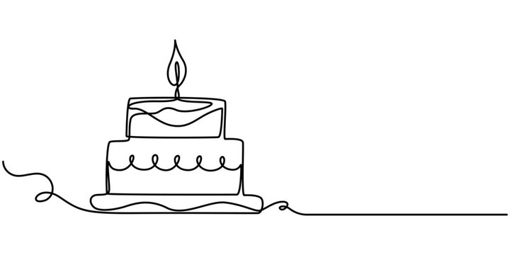 Continuous Line Drawing of Happy Birthday Icon. Hand Drawn Symbol Vector Illustration, Birthday Cake Continuous One Line. Anniversary celebrate in Line Art. Isolated white Background, Continuous Line.