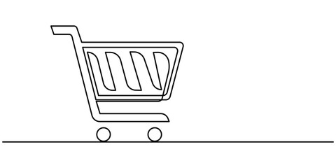 Poster - Shopping Cart Continuous Line Icon, Shopping cart continuous one art line drawing. Online shopping in store. Trolley shopping cart business concept. Single line hand drawn style. Vector outline, Shop.
