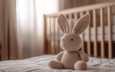 Wall Mural - Close-up photo of a handmade knitted beige bunny toy on a baby bed, with a blurred wooden crib in the background. 